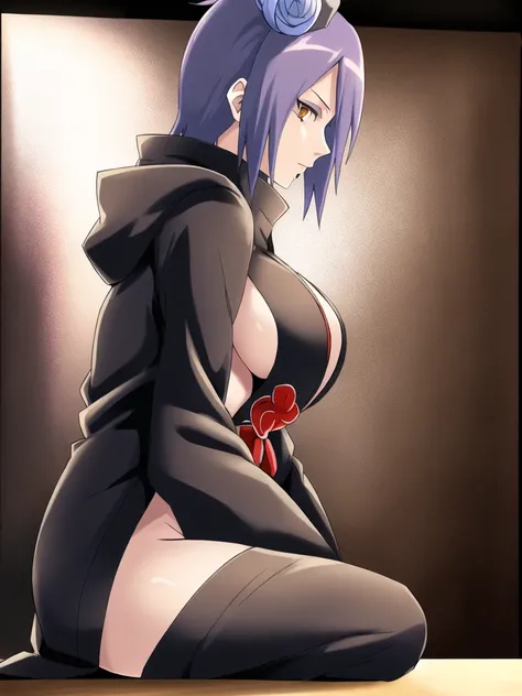 konan (naruto), solo, looking_at_viewer, 1girl, closed_mouth, labret piercing, looking at the viewer, (((half naked))), (((wearing unbuttoned akatsuki robe))), bra, (((sitting on the table inside dark room))), night time, busty, large breasts, (((side view...