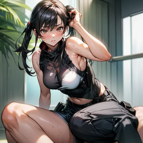 a woman in a white tank top and black shorts, yoki shinkawa, by Nagasawa Rosetsu, girls frontline cg, range murata, muscular sweat lara croft, ayamin kojima, rei hiroe black lagoon manga, by Takeuchi Seihō, mai yoneyama, realistic anime style at pixiv, fro...