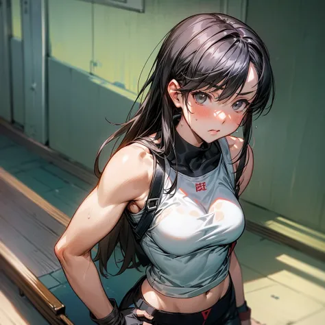 a woman in a white tank top and black shorts, yoki shinkawa, by Nagasawa Rosetsu, girls frontline cg, range murata, muscular sweat lara croft, ayamin kojima, rei hiroe black lagoon manga, by Takeuchi Seihō, mai yoneyama, realistic anime style at pixiv, fro...