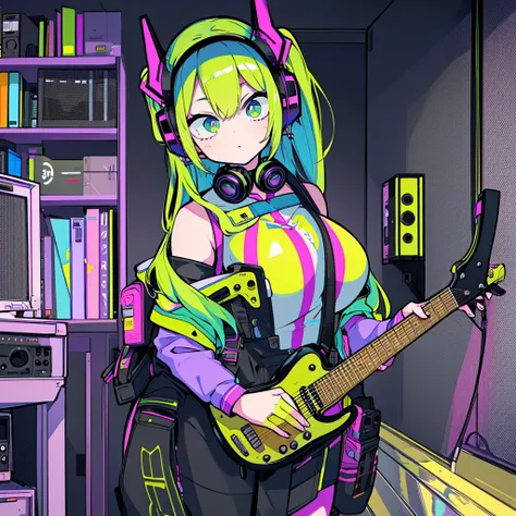 Best quality, (masterpiece), best detail face,1 girl, big breasts, 18 yo, 8k,absurdres,unity 8k wall paper,(extremely detailed:1.3), highest realistic, (retro headphones:), (soft neon light:), (psychedelic), Her room full of music equipment and records, sp...