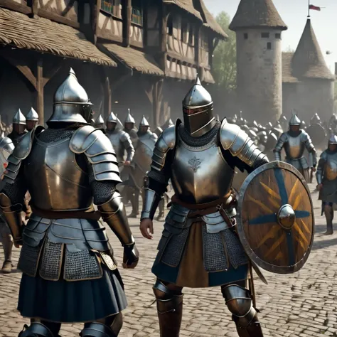 create an epic, medieval, realistic battle image in high definition, 64k, detailed armor, the best image, perfect, minute details, armor, detailed shields, realistic men, a great battle, 