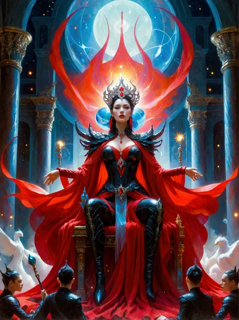 a gigantic mystical sorceress with vibrant red garments holds sway over a dystopian earth. the relentless figure sits on an enor...