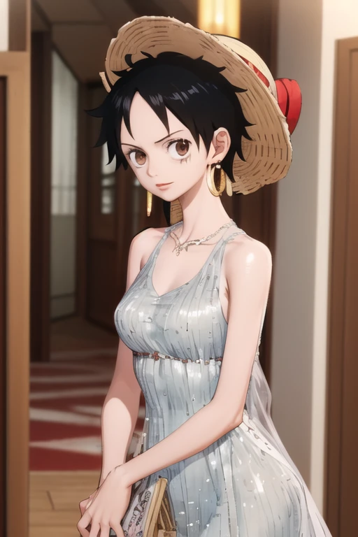 (masterpiece, best quality), beautiful face,  monkey_d_luffy, luffy female, straw hat, scar, scar under eye, genderswap, brown e...