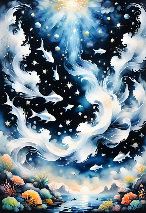 Black and white minimalism,Undersea landscape,Lots of small fish,detailed pattern,Lovely,charming,masterpiece,detailed,Rendering,Oil paints,watercolor,general brushStrokes,Stroke,masterpiece,最高masterpiece,Beautiful starry sky