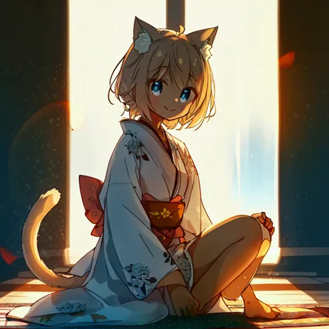 White background {Chibi-Chara} full-body figure with a single strand of aphidi hair, semi-short, loose and fluffy, light brown, beaming smile, light blue eyes, woman in her 20s, sitting on the floor in a white yukata with a long hem, cat ears and tail.