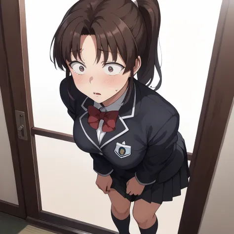 blush,sweat,surprised,from above,half-closed eyes,looking at viewer,parted lips,
solo,
YuukoKawashima,brown eyes,sanpaku,1girl,black brown hair,ponytail,
school_uniform,black blazer,red bowtie,
pleated_skirt,black skirt,
black socks,
full body,standing,
