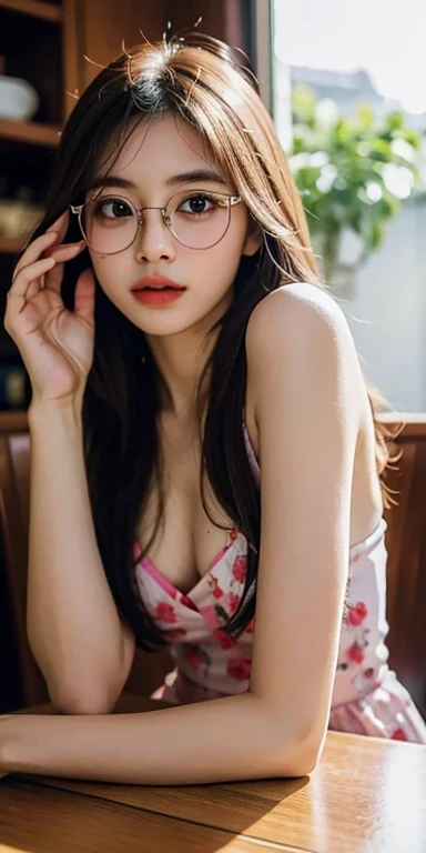 There was a woman sitting at the table.，hands on head, with glasses, Wear thin, large round glasses., Belle Delphine, Shiho, 19 year old girl, with glassesทรงสี่เหลี่ยม, young and cute girl, Yoshitomo Nara, I / 1. 9 6. 8 1 mm. ISO 4 0, Best picture quality...