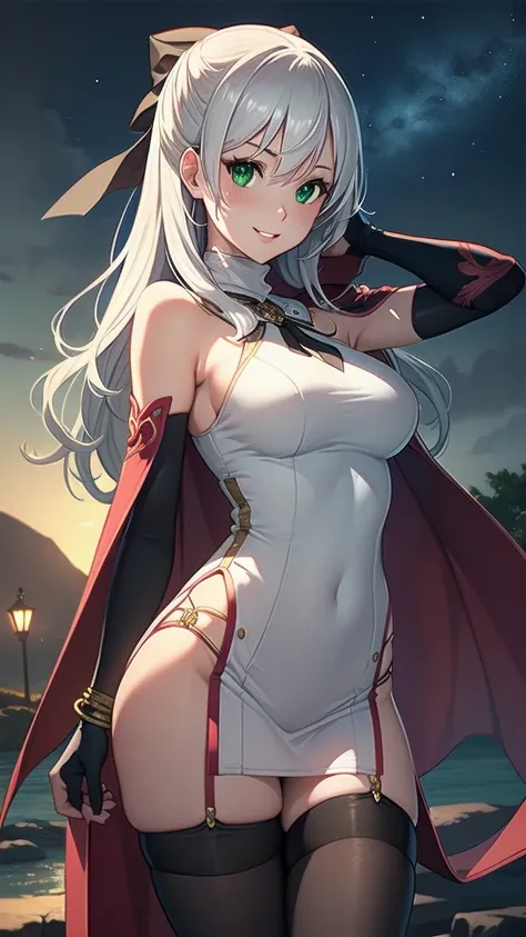 masterpiece, best quality, solo girl, silver hair, green eyes, long hair, medium breasts, sexy body and face, wavy hair, smile, parted lips, gradient clothes, dress, elbow gloves, sleeveless, bare shoulders, cape, boots, bracelet, sleeveless dress, ribbon,...