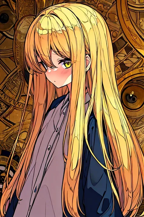 one girl, alone, woman, (tolerate野_tolerate),(blonde) (blonde_hair), (gold_hair), ((length_hair)), ((前hair)), (yellow_eye), blus...