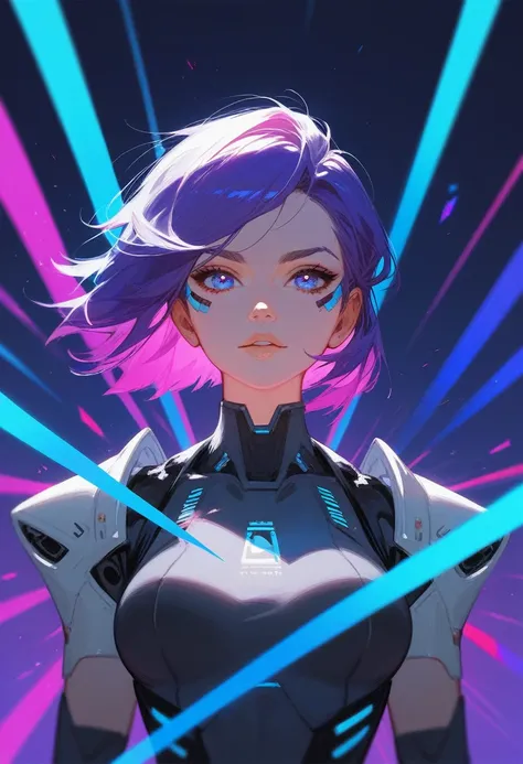 (Fraction_9,Fraction_8_Direction_7_up),1 a woman,（（（bust）））,Explorer Izerell，time traveler，high tech，AI，Future Warrior，白色high tech服饰，Purple colorful hair，