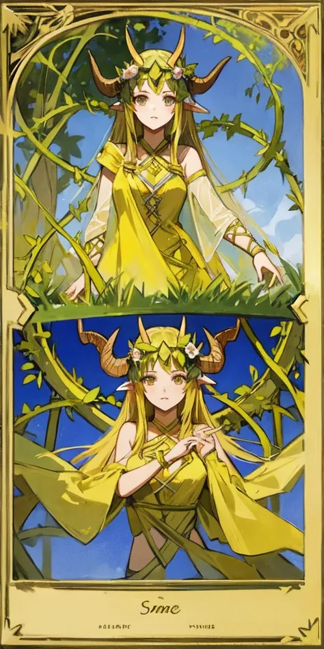 yellow medieval summer girl, concept, vines on the hand and horns from vines