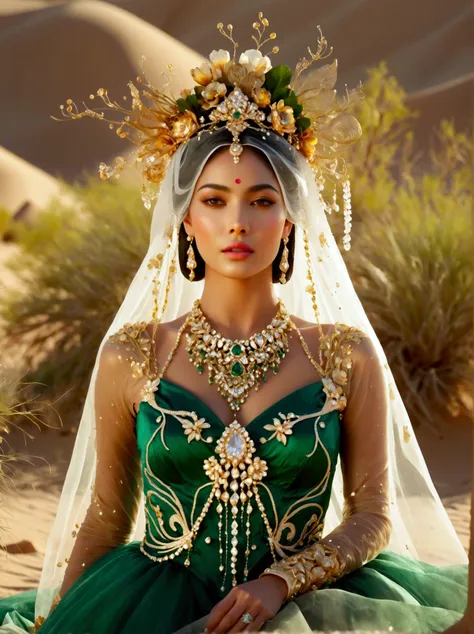 Visualize an image of a woman of unspecified descent causing plants and green vegetation to flourish in a barren desert. The womans path is clearly distinguished by the lush greenery, signifying that the plants bloom wherever she walks, Everywhere else aro...