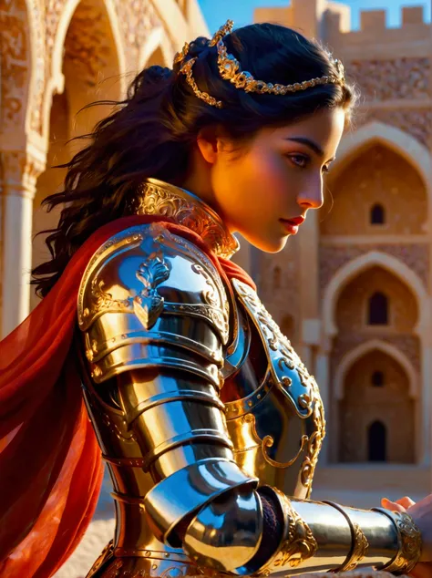 visualize a middle eastern female knight garbed in glittering, shiny armor. her color-rich attire should reflect a contemporary ...