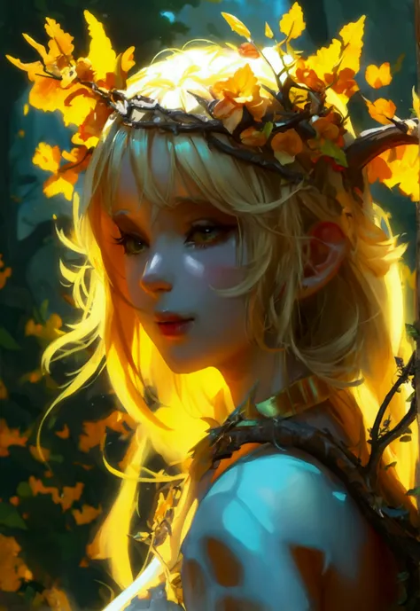 masterpiece, best quality, highres, bbandro, yellow medieval summer girl, concept, vines on the hand and horns from vines, sfw