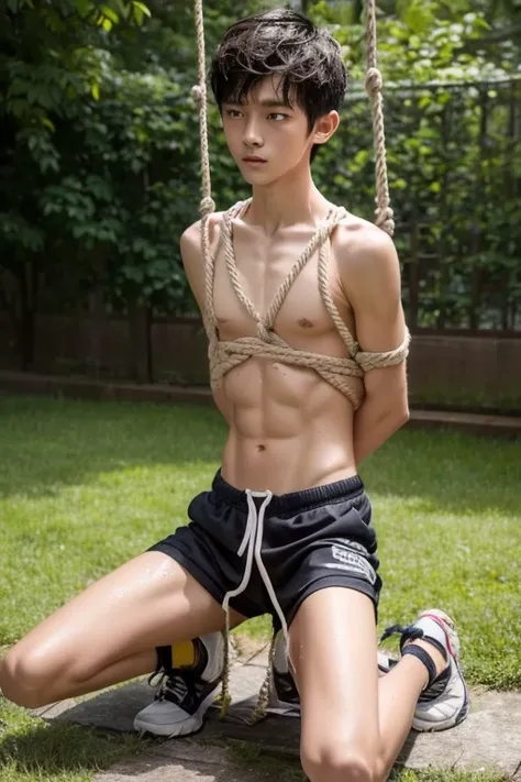  16-year-old boy, skinny, Tilt, Are crying、Wearing shorts，Kneel,Completely tied up with rope，A very tight rope is crisscrossed over the chest,sweating, Wet Skin,nsfw avoid,Scared,It is dirty,
