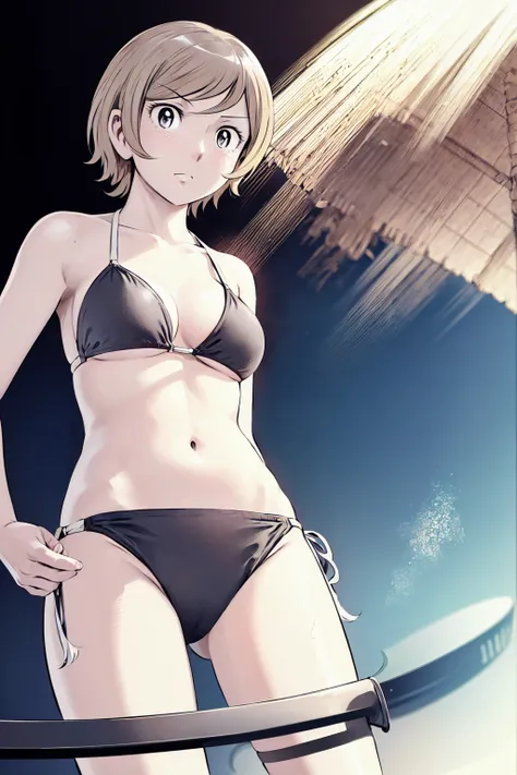 (slingshot bikini:1.2),
Blonde, (short hair:1.2),Illustration of a person、
View your viewers,, (Highest quality:1.3),One Girl, beach、Outdoor、 ground、ground、soil、blue eyeicro Bikini、(masterpiece、Highest quality)、Highest quality, Ultra-high resolution, (((ma...