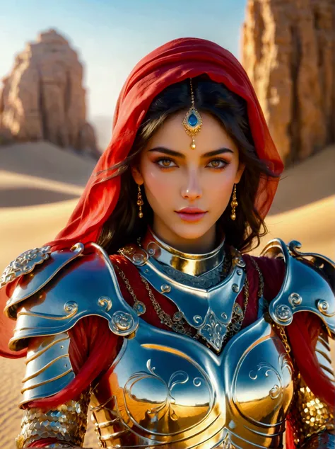 A Middle Eastern desert princess in glittering knight armor, Her color-rich attire should reflect a contemporary and innovative upgrade to her otherwise traditional look, Showcase her in dynamic and vigorous poses expressing strength and bravery, Leverage ...