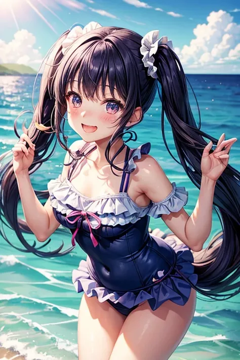 One woman,Twin tails,big tail,eye_purple,hair_Navy Blue,blush,cute,Ocean,A very happy smile,Mouth wide open,Light blue swimsuit,Frills,Splash