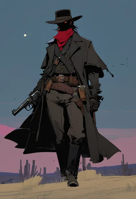 score_9, score_8_up, score_7_up, score_6_up, score_5_up, score_4_up, 1man, Western, Desert, Dark night, Horizon, far away, Wild West, red dead Redemption, cartoon art style, Holstered pistol, ready to draw, black hat, black overcoat, dark, Bandit, old west...