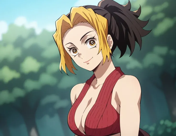 score_9, score_8_up, score_7_up, source_anime,
knymakio, makio, blonde hair, black hair, brown eyes, yellow eyes, ponytail, multicolored hair, two-tone hair,
bikini , smile big breasts ,
solo, looking at viewer, cowboy shot, dutch angle,