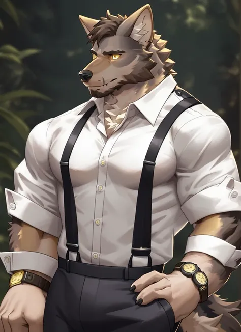 william adler, solo, shirt, 1boy, white shirt, upper body, female focus, collared shirt, pants, looking to the side, suspenders, pectorals, sleeves rolled up, watch, wristwatch, wolf ears, beard, yellow eyes, detailed eyes