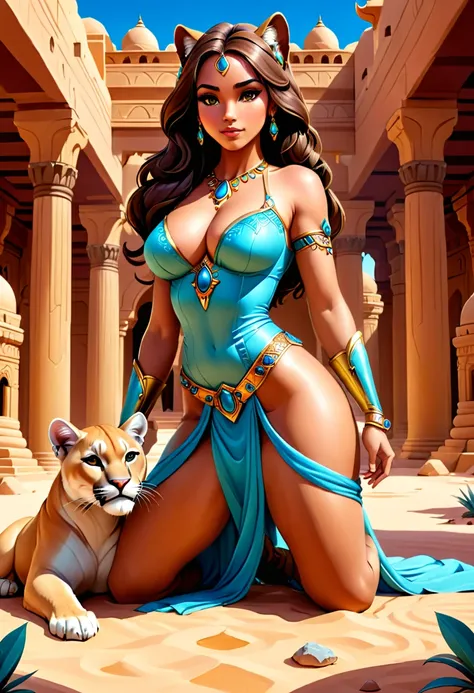 Arafed picture of a desert princess BREAK and her pet cougar in her palace high details, best quality, 16k, f a female human princess and her pet cougar, princess of the desert, full body, ((anatomically correct: 1.5)) ((standing: 1.5)) proudly royalty dem...