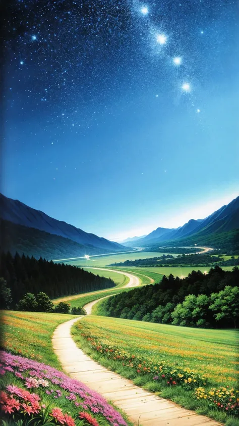 anime-style illustration, A serene landscape featuring a young woman is walking along a path The grassland, litle glowing flowers, fireflies, magical glow, overlooking mountainous valley and the great castle of the kingdom, strong and clear blue sky with f...