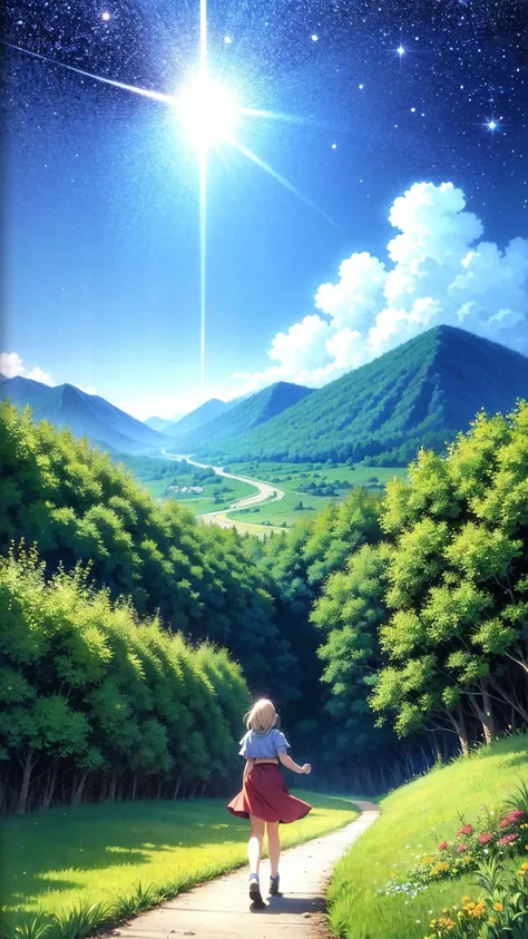 anime-style illustration, A serene landscape featuring a young woman is walking along a path The grassland, litle glowing flowers, fireflies, magical glow, overlooking mountainous valley and the great castle of the kingdom, strong and clear blue sky with f...