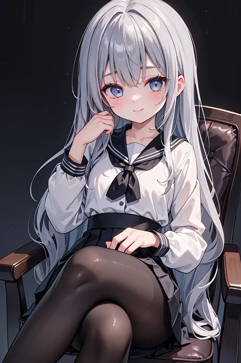 (((masterpiece:1.2, best quality, ultra detailed)), cowboy shot, 1 girl, smile, black sailor suit, long sleeves, black long skirt, ((two white lines in pleated skirt)), detailed pantyhose, (sitting chair, crossed legs), light blue inner color hair, BREAK, ...