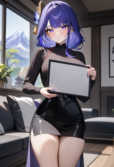 1girl, raiden shogun, genshin impact, Holding a large white board with both hands, he shows it to the viewer,living room,masterpiece,very aesthetic,newest,