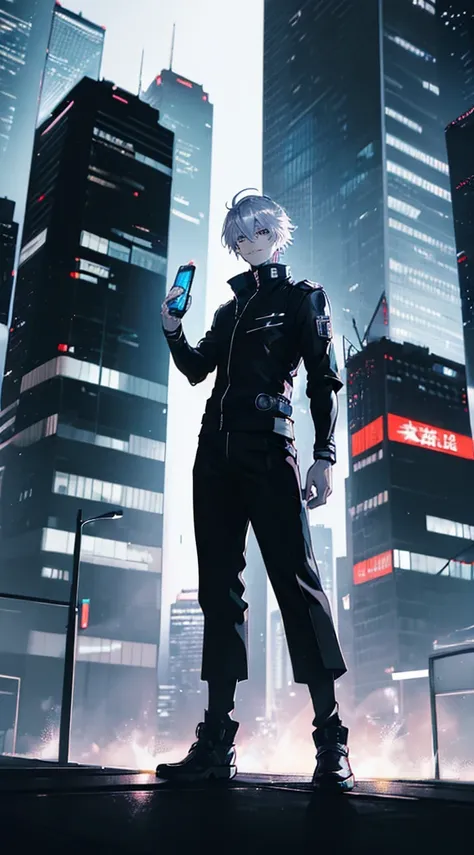 (Man), (Anime Character), (Solo), A man, anime style with messy silver hair, dressed all in black, standing on top of a tall building, full body photo, bright blue eyes, smile, urban background and building lights, electric spark effect, dynamic lighting, ...