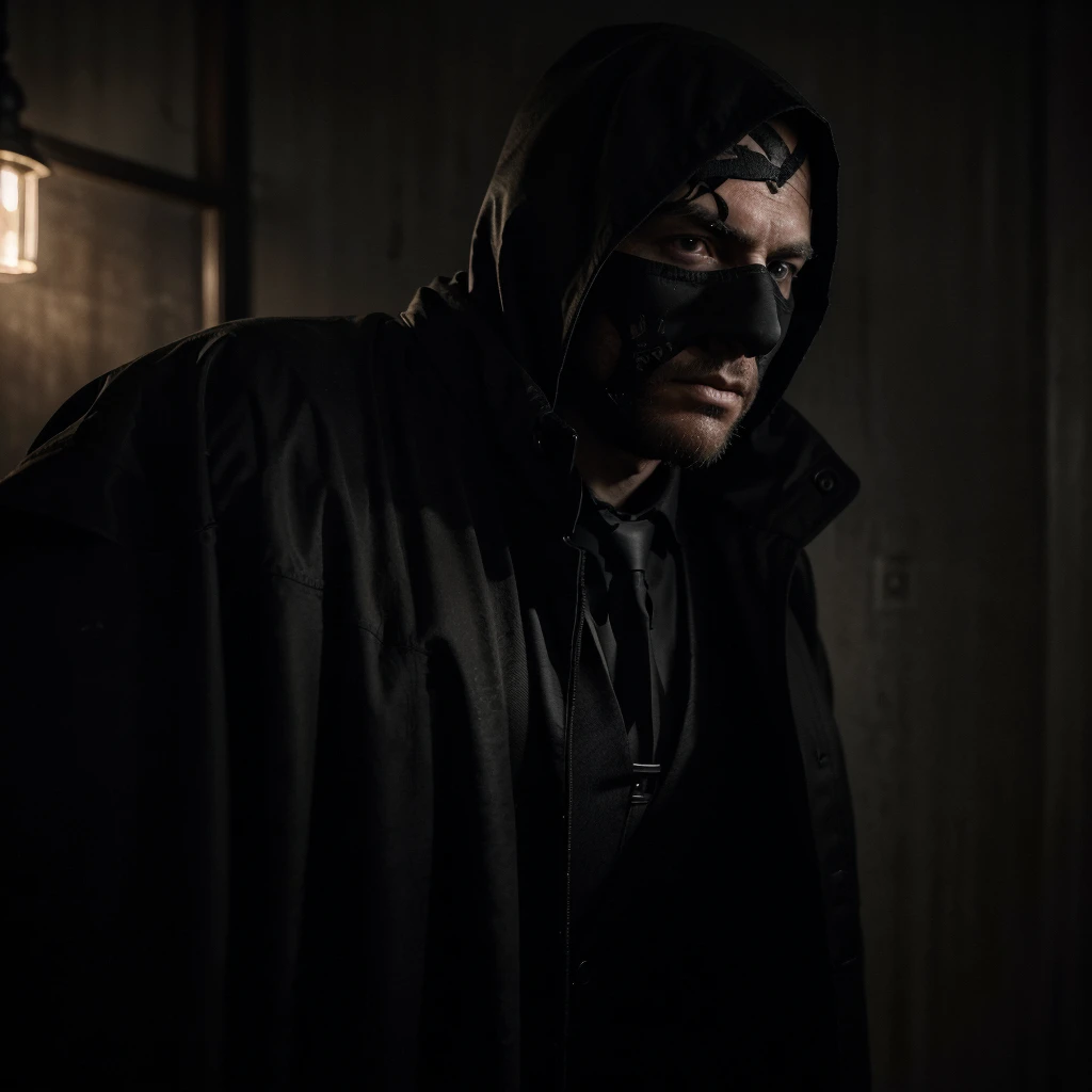 a serial killer man in a black trench coat, black gloves, full head mask, extremely detailed, dark and grim atmosphere, dramatic lighting, cinematic composition, moody colors, film noir style, chiaroscuro lighting, ominous presence, brooding expression, in...