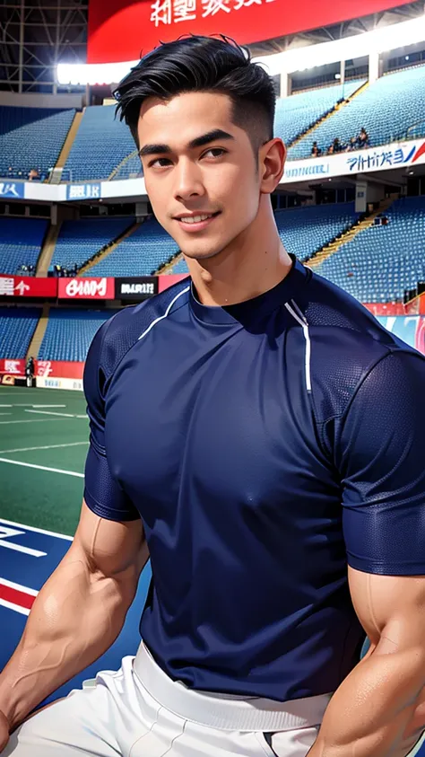 1 man, smile, (Wear a navy blue shirt, round neck, short sleeve football shirt.), Navy cargo pants, Korean people , korean men, (high gloss details), chest muscles, Big arm muscles, blood vessel, big muscles, Broad shoulders, looking at the audience, Balan...