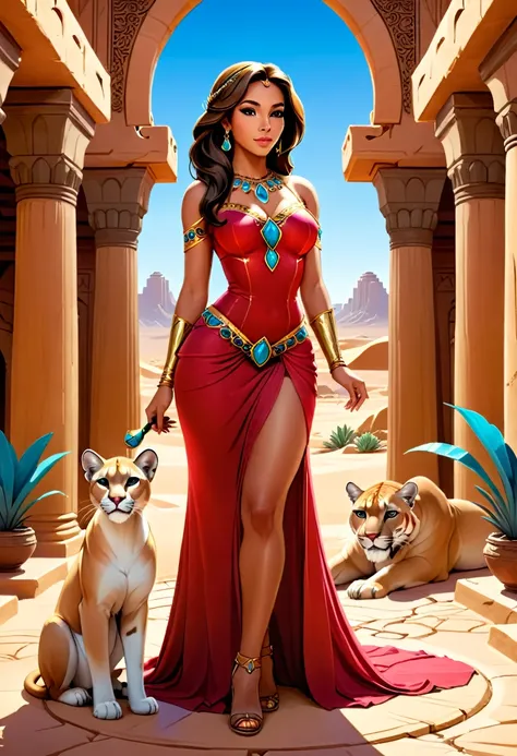 arafed picture of a desert princess break and her pet cougar in her palace high details, best quality, 16k, f a female human pri...