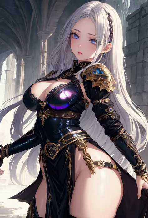 (masterpiece), best quality, expressive eyes, perfect face, Girl,long dark iridescent hair, iridescent eyes, small waist, small breast , large thighs,large ass, fantasy warrior outfit