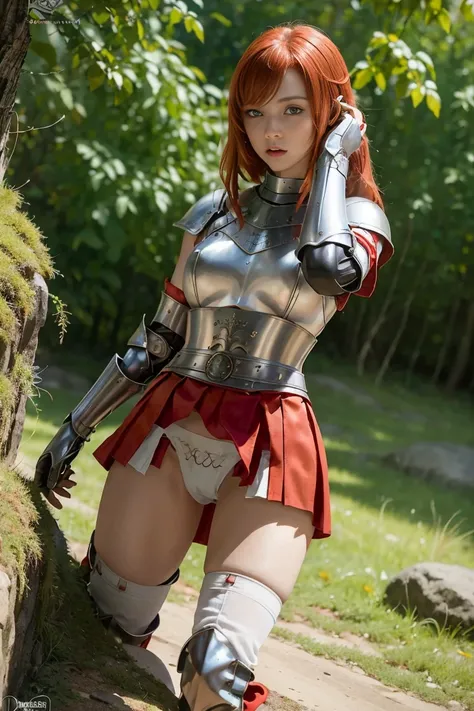 redhead warrior girl, , pretty face, thin girl, Pretty girl, skinny girl, She wears plate armor., medieval armor, steel breastplate, Steel Gauntlets, steel gloves, (red miniskirt: 1.5), (session, opens her legs: 1.1), (her panties are visible: 1.2), You ca...