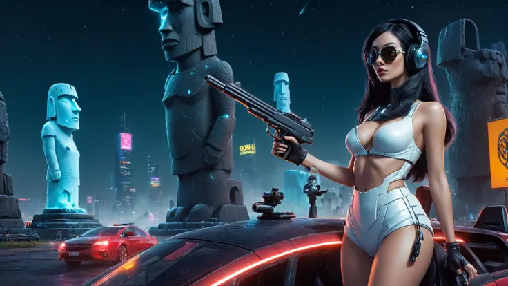 At night, dark sky, distant shot aerial view of fantasy cyberpunk style ice ((Moai-statue)) city, ((flying car)). ((1girl, solo, alone)), medium-breast:1.1 slim body, cleavage, sexy clothes, (headphone, black sunglasses, long black realistic hair), (((hip-...