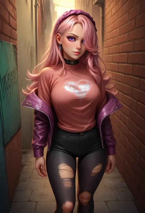 score_9, score_8_consolation, score_7_consolation, detailed, 1 woman, alone, intricate details, chromatic aberration, realistic, long hair, pink hair, red headdress, pink highlights, hair above one eye, purple eyes, earring, piercer, choker, neon shirt, To...