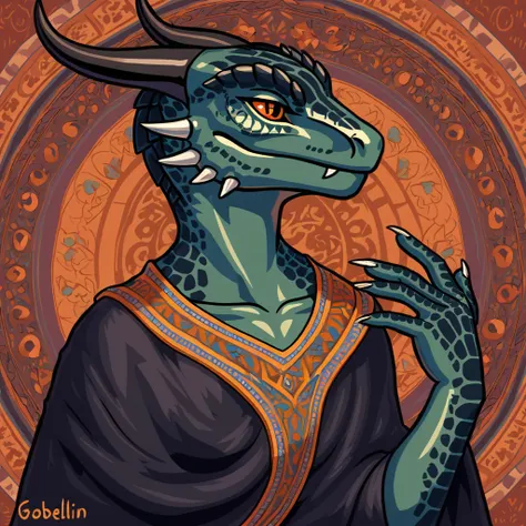 ebony dark argonian in Gobelin tapestry art style
