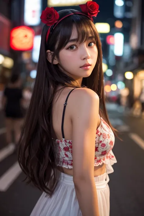 One girl, Kobe Street,night, Cityscape,City lights, Upper Body,close, 8K, RAW Photos, Highest quality, masterpiece,Realistic, photo-Realistic,Red rose headgear, Parted bangs, Long Hair,