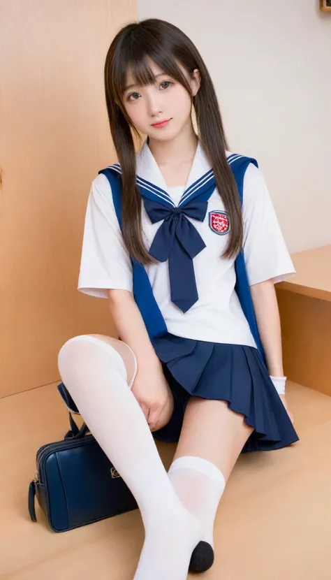 Wearing a skirt and knee-high socks, Japanese girls uniform, Japanese , Cute school girl, Wearing Japanese clothes , Knee socks and skirt, a hyperRealistic , High school girl posing, Dressed as a high school girl, Girl in uniform, hyperRealistic , Realisti...