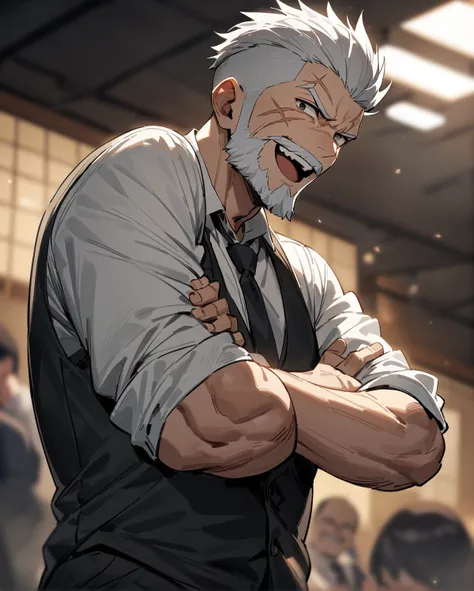 masterpiece, best quality, very aesthetic, absurdres, 1man, old man, solo, silver hair, very short hair, spiky hair, crew cut, black eyes, beared, white beared, black jacket, white shirt, collared shirt, black necktie, smile, open mouth, upper teeth, brawn...