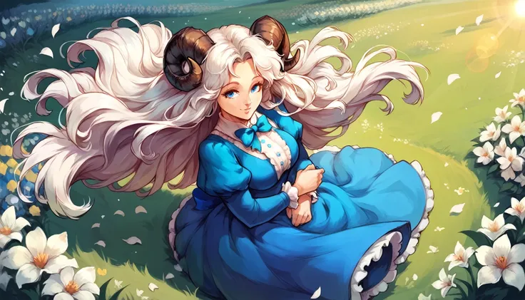 score_9, score_8_up, score_7_up, score_6_up, score_5_up, score_4_up, BREAK lolsplashart, best aesthetic, artstation, solo,outdoors,field,flowers,sunbeam,sheep girl,neck tuft,white hair,sheep horns,blue eyes,blue dress,frills,puffy sleeves,ribbons,bowtie,lo...