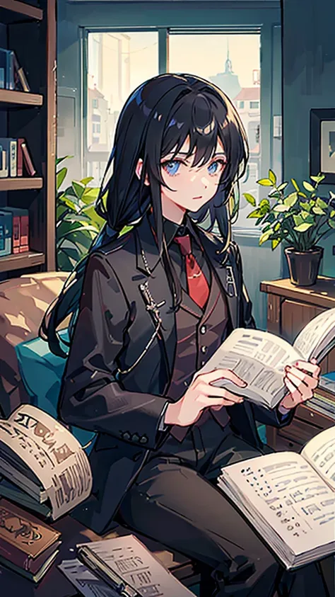 A man around 25 years old、Her waist-length black hair is tied back、Wearing a black suit、Eye color is a calm blue、The background is a room with many books、I&#39;m cooking