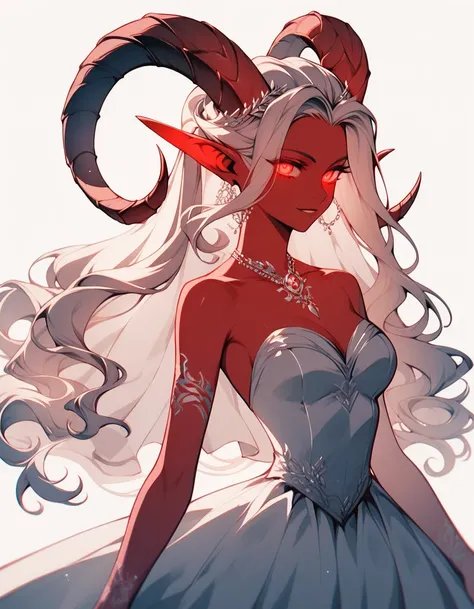 score_9, score_8_up, score_7_up, 1girl, solo, flowing hair, glowing red eyes, curved ram horns, sharp ears, red skin, demoness, stark white background, limited red palette, monochromatic, eerie atmosphere, light wedding dress, seductive,