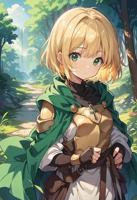 BREAK Perfect Anatomy、(High resolution:1.2)、Incredible illustrations、(Cute illustrations:1.2)、 （Beautiful background（deep in the forest)) 1 girl(Blonde hair, short bob cut, green eyes)

Large cloak, shoulder strap with cross, light armor, buster sword,