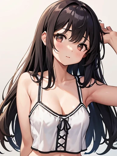 one girl、as-、cute underwear、upper body portrait、no sleeve、long black hair、brown eyes、large breasts、high school student、cleavage、...