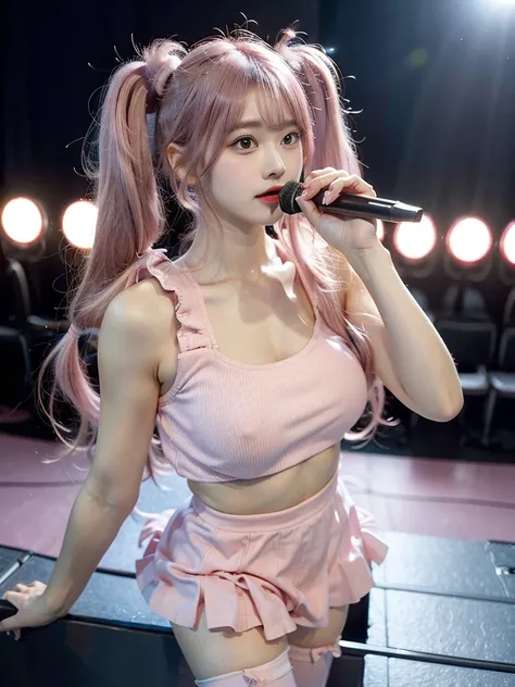 Shot with a top-of-the-line camera. highest quality, ultra-detailed, intricately detailed, high resolution, 8k, One woman. (very large breasts:1.3), A youthful look of about 15 years old. Slim and well-proportioned, (pink hair in twintails:1.3), fair skin....