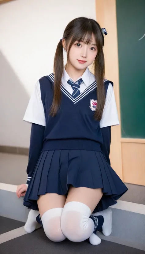 Wearing a skirt and knee-high socks, Japanese girls uniform, Japanese , Cute school girl, Wearing Japanese clothes , Knee socks and skirt, a hyperRealistic , High school girl posing, Dressed as a high school girl, Girl in uniform, hyperRealistic , Realisti...