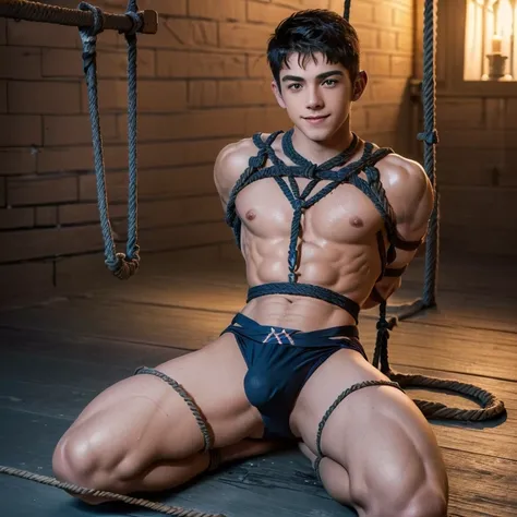  (((19 year old boy, skinny, lean, twink))), smiling (((wearing gym speedos)))  kneeling, ((((Trussed up completely with rope)))), ((((very tight rope crossed over chest)))),(((body in tight shibari ropes))) sweating, wet skin, in a dungeon with candles an...